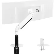 Single White Ultra Wide Monitor Pneumatic Spring Desk Mount, Max VESA 200x100