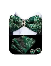 Mens Silk Bow Tie Pretied Bowtie with Gold Fashion Ring A Emerald Green Gold