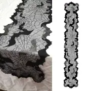 Haunteds House Theme Table Runner 13x68inch Black Spiders Webs and Bats