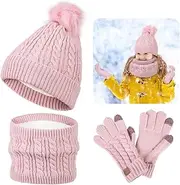 [byepica] Kids Winter Hat Scarf Gloves Set, Beanie And Neck Warmer With Thermal Gloves, Warm Gear For Boys And Girls Aged 5 To 12, Pink, One Size, Pink, One Size