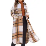 Nevenka Womens Lapel Plaid Wool Blend Coat Long Jacket-Khaki