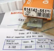 MITUTOYO 614142 Square Steel Gage Block 0.102" ASME 2 w/CertificateMachinist