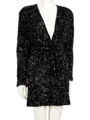 Black Sequin Embellished Belted Wrap Dress