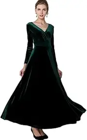 [Urban CoCo] Women Velvet Long Sleeve V-Neck Wrap Stretchy Long Dress