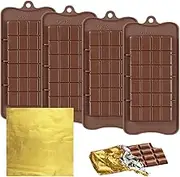4 PCS Chocolate Moulds with 100 Gold Foil Wrappers, FineGood Non-Stick Chocolate Bar Moulds Chocolate Bar Maker Break-Apart Silicone Chocolate Moulds
