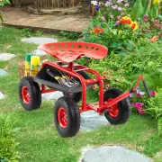 CostwaySteerable Garden Cart Rolling Scooter with Extendable Handle and Storage Basket-Red
