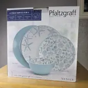 Pfaltzgraff Venice 12-Piece Dinnerware Stonewear Ocean Beach Blue Bowls Plates