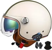 Bluetooth Jet Helmet Motorcycle Helmet ECE Certification Leather Helmet Scooter Helmet Jet Helmet for Adults Men Women with Double Sun Visor