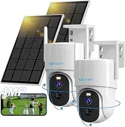 4MP QHD Solar Security Camera Outdoor WiFi 2 Pieces, UCOCARE 360° PTZ Surveillance Cameras with 5W Solar Panel & 15000mAh Battery, PIR Motion Detection Alarm, 30m Color Night Vision, 2-Way Talk, IP66