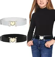 [Wisebom] 2 Pack Kids Girls Elastic Waist Belts, Girls Elastic Woven Stretch Belts With Fashion Cute Heart Buckle, Adjustable Waist Belts length 55-85cm, black and white 2 piece set, Black, White, 55-85cm