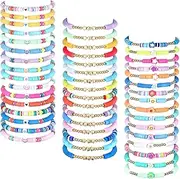 Jadive 48 Pcs Colorful Kids Friendship Bracelet Set Adjustable Flat Bracelets Stretch Beaded Bracelet Aesthetic Preppy Heishi Surfer Bracelets Set Friendship Bracelets for Girls Women Gift