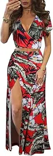 [Alicharm] Womens Fashion Print Sexy Self Tie Front 3/4 Sleeve Crop Top and Ruffle Mini Skirt 2 Piece Outfits