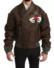 Dolce&Gabbana Men Brown Jacket 100% Nylon Solid Full Zip Sequined Bomber Coat