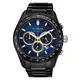 CITIZEN星辰 三眼計時碼錶酷黑不鏽鋼電鍍網狀面板光動能腕錶(藍面）43mm_ CA4458-88L