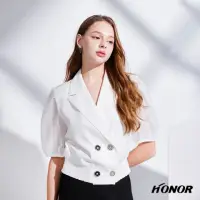 在飛比找momo購物網優惠-【HONOR 山形屋】翻領透膚燈籠袖短版收腰外套