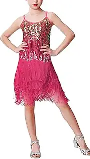 [KEOYA] Girls Sequin Fringe Dance Costume Kids Salsa Rumba Latin Dance Wear Set Sparkling Sleeveless Tassels Dance Mini Dress