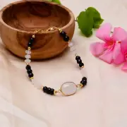 Rainbow Moonstone Bracelet,Moonstone Bezel Connector,Black Spinel Bead Bracelet