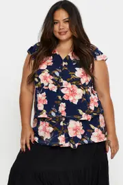 Floral Print Peplum Top V-neck Flutter Sleeve Floral