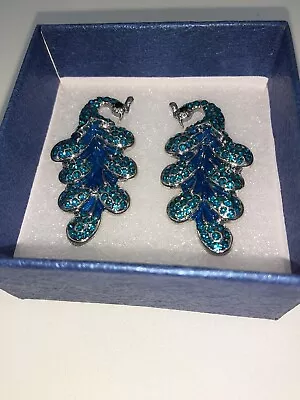 Blue and Black Austrian Crystal Peacock Earrings In Silvertone ( GIFT )