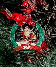 2024 Harvey Lewis Santa Clause Silver Wreath Ornament w European Fine Crystals
