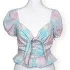 Abound Womens XS Pastel Plaid Crop Top Button Tie Front Puff Sleeve Cottagecore