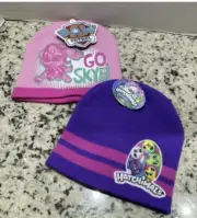 2 Girls Pink Paw Patrol "Go Skye!" & Purple Hatchimals Knit Beanie Winter Hat