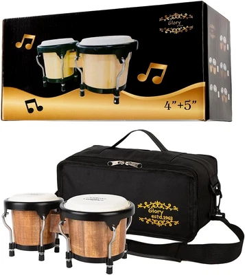 Glory Bongo Drums 4” and 5” Wood Percussion Instrument Bongos with bag and tu...