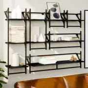 6 Piece Wall Shelf Set Black Wood with Bars Storage Display Floating Shelves