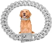 Piriuuo Silver Dog Necklace Collar, 13mm Wide Cuban Link Dog Collar with Buckle Metal Diamond Dogs Collars for Small Medium Large Dogs Cats