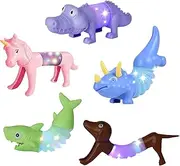 Boxgear 5-Pack LED Pop Tubes Mixed Animal Fidget Toys - Sensory Tubes for Toddlers - Cute Animal Toys for Girls and Boys - Stress-Relief Pop Sound Spring Toddler Toys