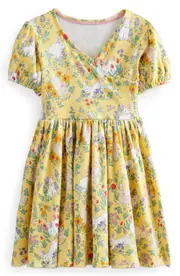 Mini Boden Kids' Bunny Print Cotton Ballerina Dress in Spring Yellow Bunny at Nordstrom, Size 5-6Y