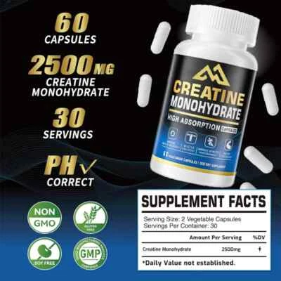 Creatine monohydrate capsules 2500mg, gluten free, 60 capsules