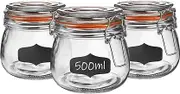 Argon Tableware Glass Jars with Airtight Metal Clip Lid & Chalkboard Stickers - 500ml/17.6oz - 6 Pack - 4 Colour Seals - Kitchen Container Round Preserving Jar for Pickling, Chutney, Jam, Coffee