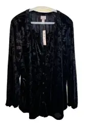 Chico’s Size 3 Black Floral Scroll Burnout Velvet Button Front Blouse Top NWT
