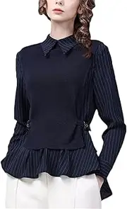 [Generic] Women Long Sleeve Mandarin Collar Striped Shirt Spliced Tops