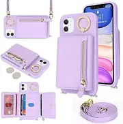 Cavor Crossbody Wallet for iPhone 11 Leather Case for iPhone11 Case 6.1'' Flip Cover Card Slots with 360°Rotation Ring Holder Kickstand & Long Shoulder Lanyard Strap-Purple