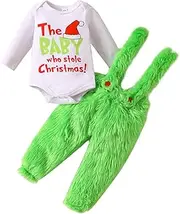 [CocMouse] Infant Baby Girl Boy Christmas Outfits Furry Green Monster Xmas Costume Long Sleeve Romper Plush Pants My 1st Christmas Outfits