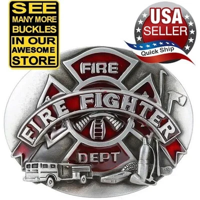 Fire Department Men's Cowboy Belt Buckle • Fireman • Fire Fighter • Red Enameled