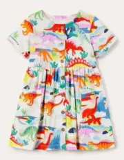 Mini Boden Girls Size 11-12 Y Buttons Down frontJersy Dress Ivory Dino Sunset