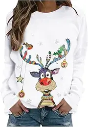 [DAYINGJIA] Ugly Christmas Sweatshirt Shirts for Women Cute Elk Print Casual Long Sleeve Crewneck Pullover Sweatshirts Top, White, X-Large