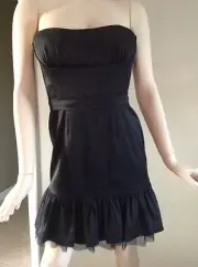 Bcbgmaxazria Black Satin Corset Mini Bubble Dress w/ Ruffled & Mesh Trim Size 8