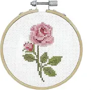 Counted Cross Stitch Kit - 4" Pink Rose - Aida - 14 Count - with 4" Wooden Hoop - for Beginners- DSB030