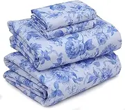 RUVANTI Queen Sheet Set - 1800 Microfiber - Super Soft & Breathable - Cozy & Comfy - All Seasons - Luxury Sheets for Queen Size Bed - Easy Fit - Deep Pocket 15" - 4 Pieces -Blue Floral