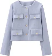 [Generic] Women's Multi-Color Simple Round Neck Long Sleeved Jacket with Button Splicing and Open Collar for Office Commuting Long Sleeved Jacket