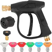 Hojalis High Pressure Washer Gun 4350PSI, Short Jet Wash Gun with 7 Water Nozzle Tip & 1/4" Quick Connector, Power Washer Gun for Karcher K1-K7, Stubby Gun, Cleaner Gun for Car Washing&Garden Cleaning