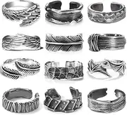 [RIOSO] 12Pcs Vintage Rings for Men Cool Adjustable Angel Wings Ring Goth Punk Open Ring Set, Metal, No Gemstone