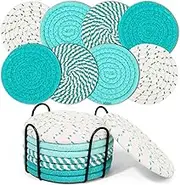 Chamgeco 8Pcs Drink Coasters with Metal Holder, Boho Cotton Woven Absorbent Coasters for Drinks, 4 Colors Minimalist Cup Coaster Set for Home Decor Coffee Table Protection Housewarming (Multi-color 3)