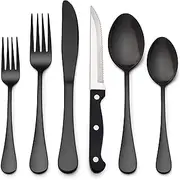 [LIANYU] 24-Piece Black Silverware Set, Stainless Steel Flatware Cutlery Set for 4, Modern Eating Utensils Tableware, Mirror Finish, Dishwasher Safe