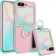 [DOMAVER] Case for Samsung Galaxy Z Flip6 with Ring, Phone Case Shockproof Slim Fit 2 in 1 Silicone Bumper Women Men Non-Slip Protective Phone Case for Galaxy Z Flip6 6.7", Pink-Green