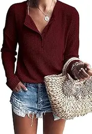 [WNEEDU] Women's Waffle Knit Tunic Tops Loose Long Sleeve Button Up V Neck Henley Shirts